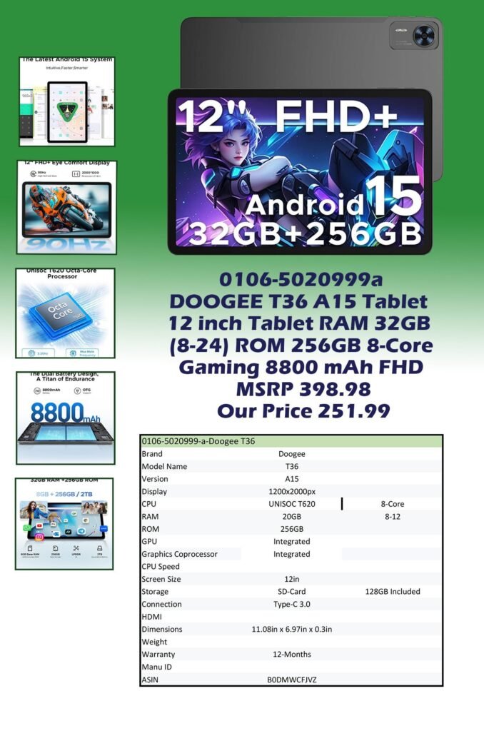 0106-5020999-a-Doogee Doogee T36 A15 Tablet,12 inch Tablet RAM 32GB (8-24) ROM 256GB 8-Core Gaming 8800mAh FHD_MSRP 398.98 Our Price 251.99 copy